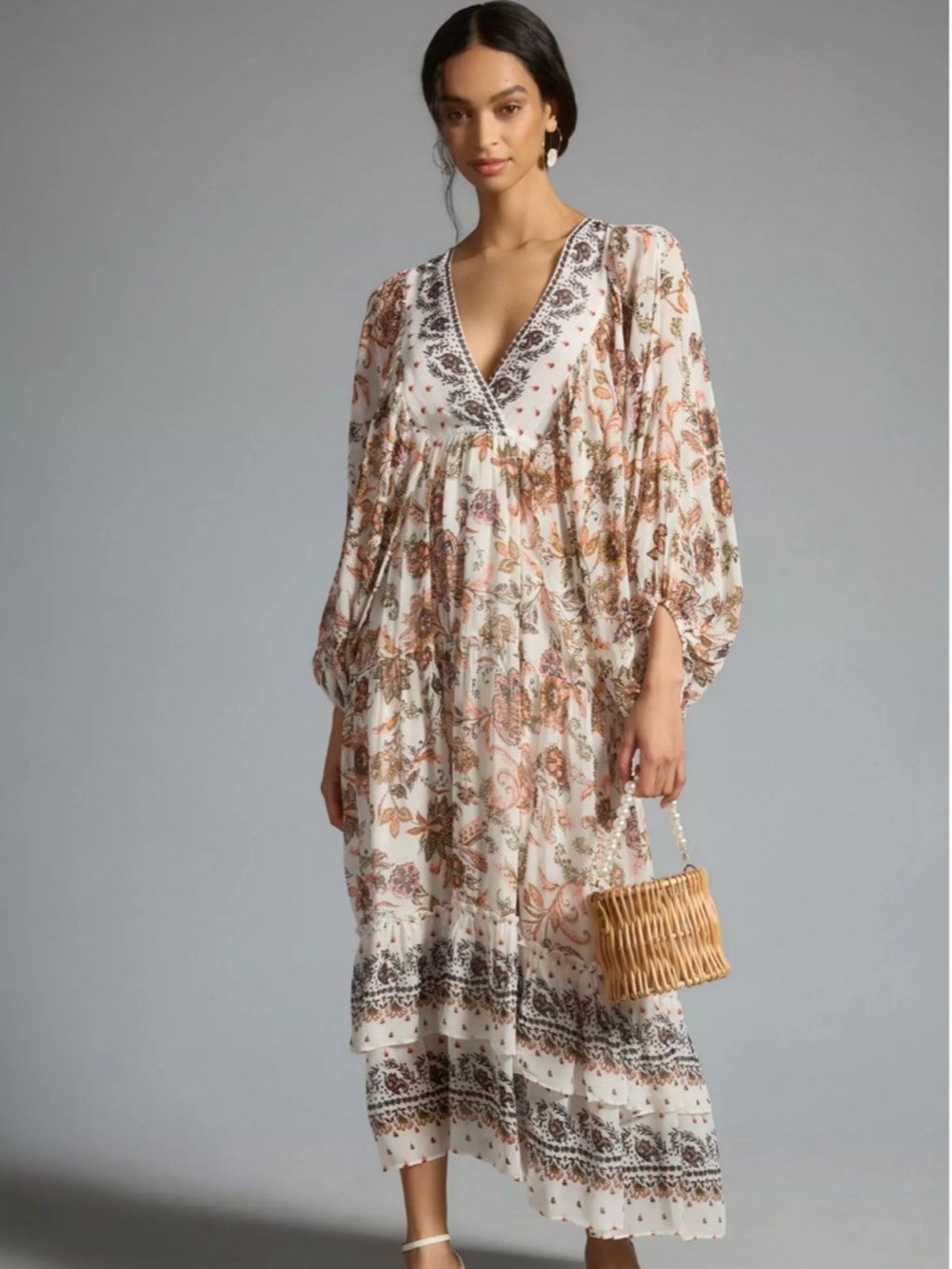Anthropologie Cream Floral V-Neck Tiered Maxi Dress